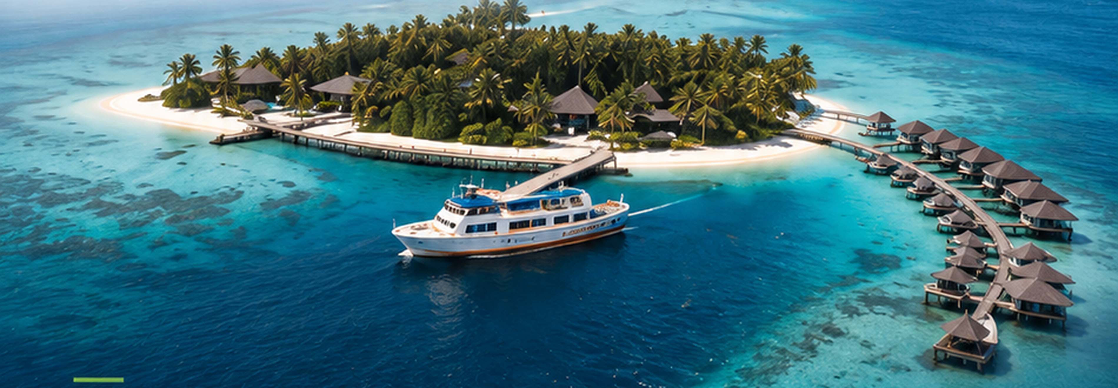 Aerial view of a Maldives island with a supply vessel approaching