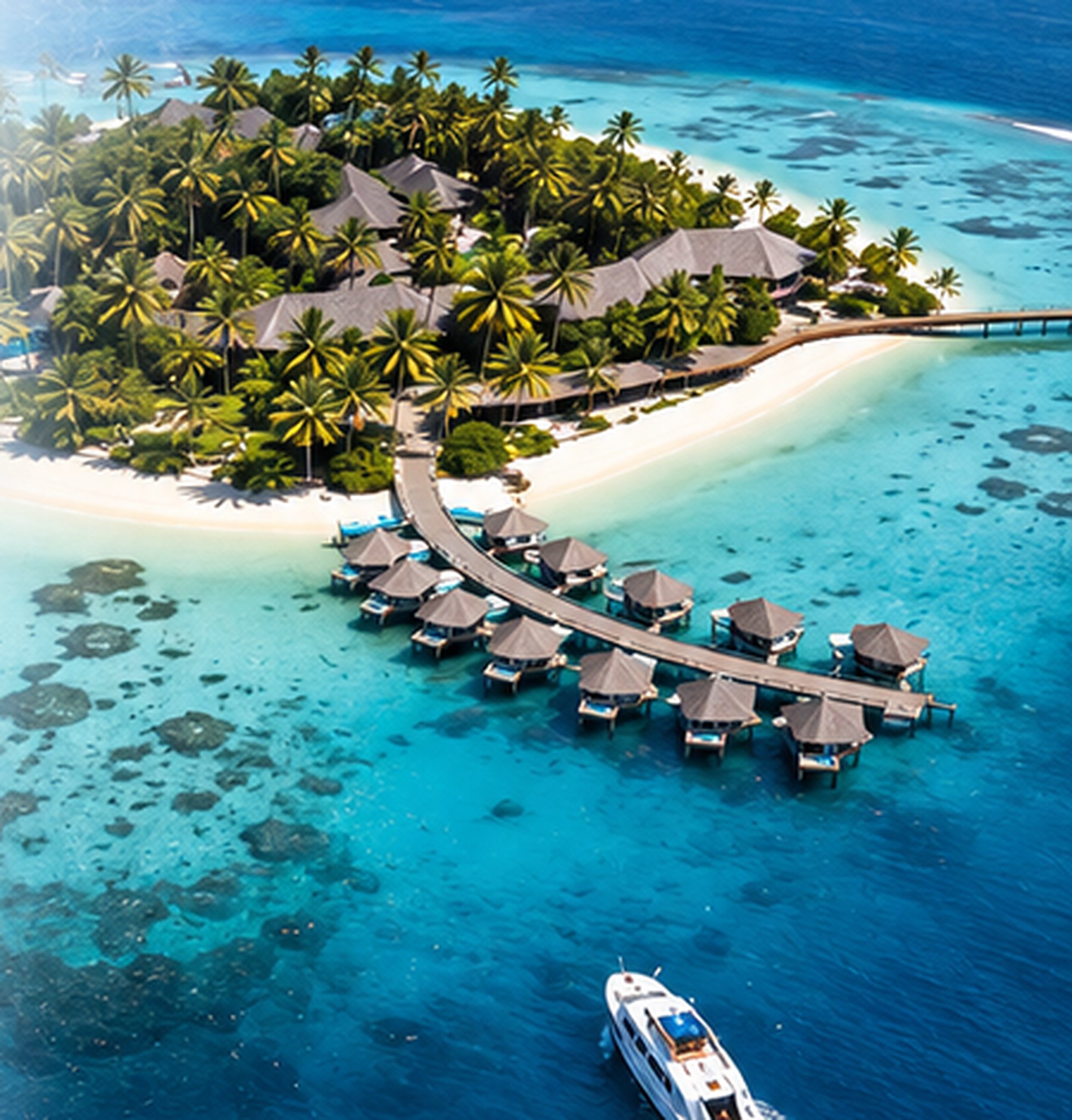 Aerial view of an overwater resort in the Maldives