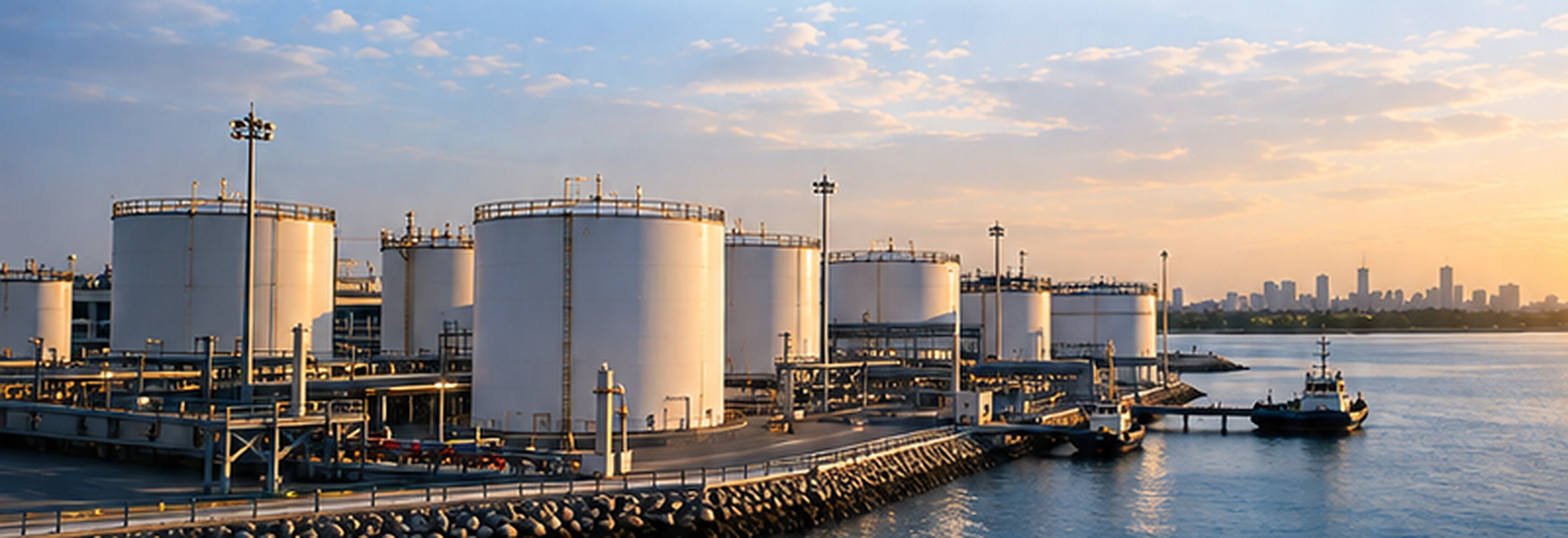 Fuel storage terminal at sunset